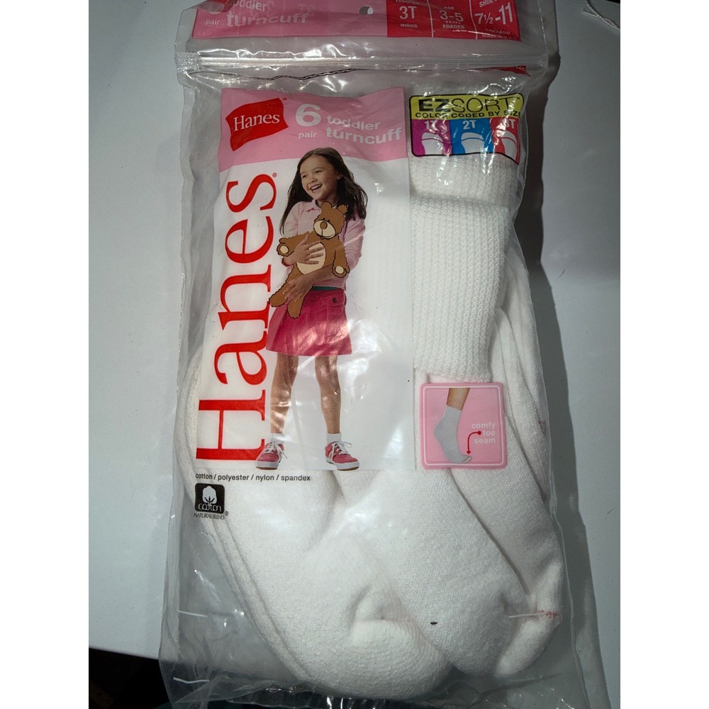 Hanes Toddler Girls Turncuff Socks 6 Pair Pack White EZ Sort Size 3T 3-5 Years